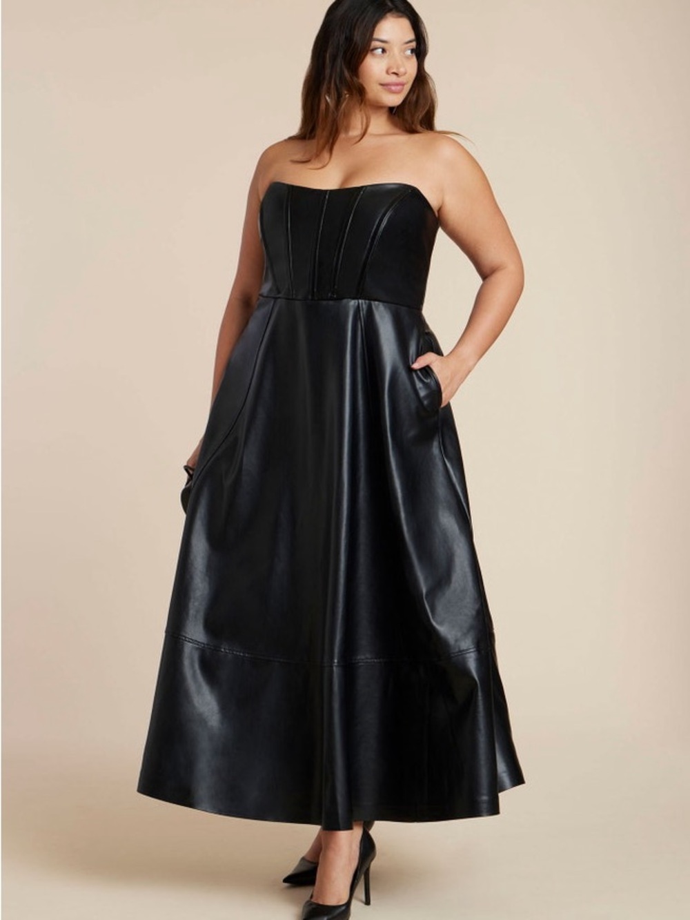 ELOQUII Studio Faux Leather Strapless Flare Maxi Dress Black 28 NWOT